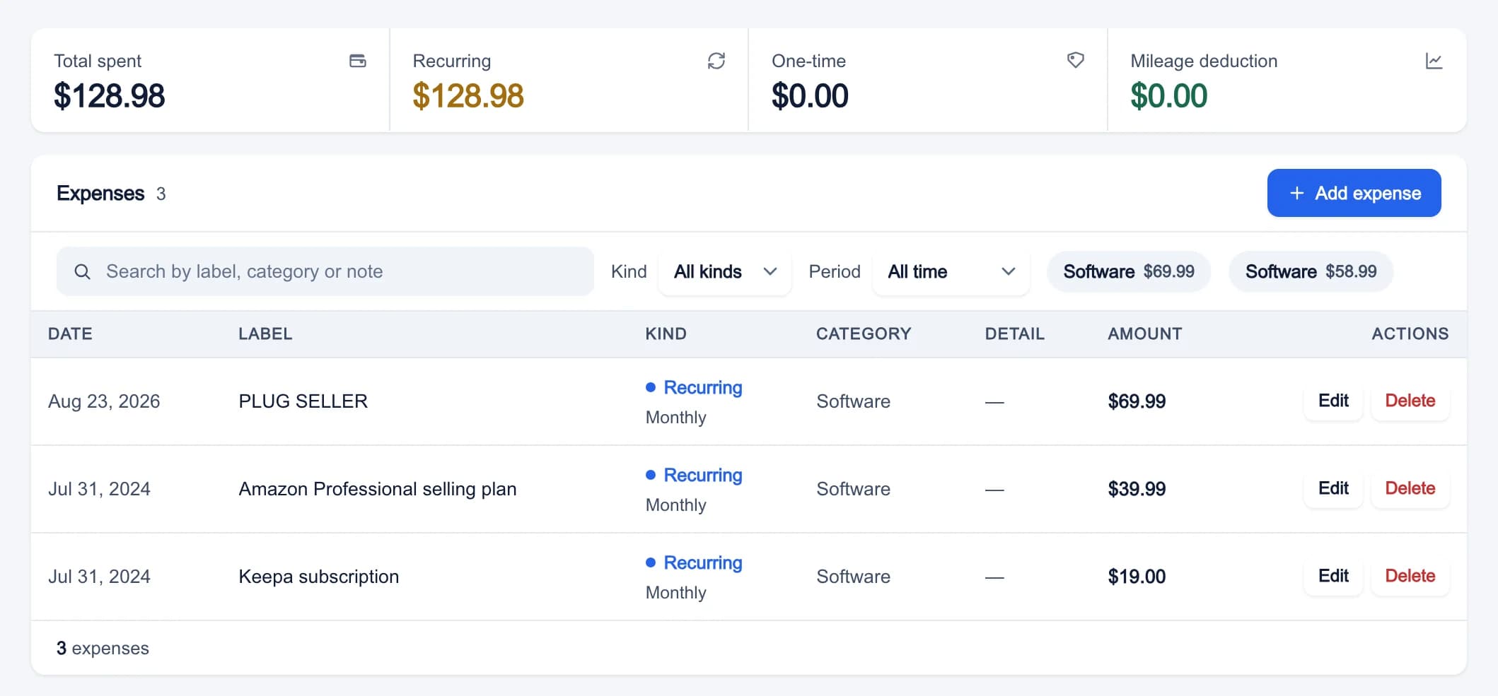 Expenses in My Business: total spent, recurring and one-time totals, mileage, and the list of expenses with their category and amount