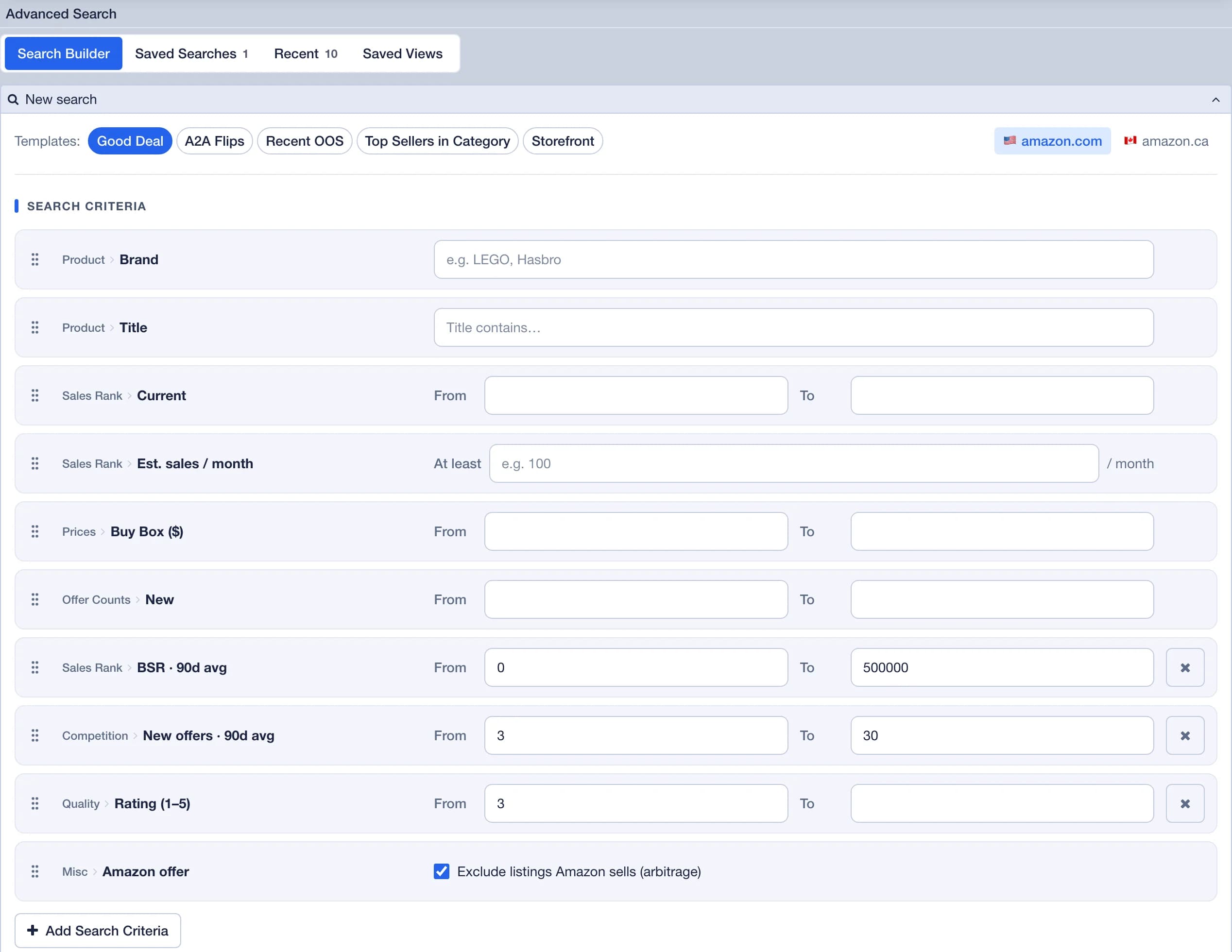 Advanced Search in the web app: the Search Builder with the Good Deal template, the amazon.com and amazon.ca switch, and the search criteria rows for brand, title, sales rank, estimated sales, Buy Box price, offer counts and rating