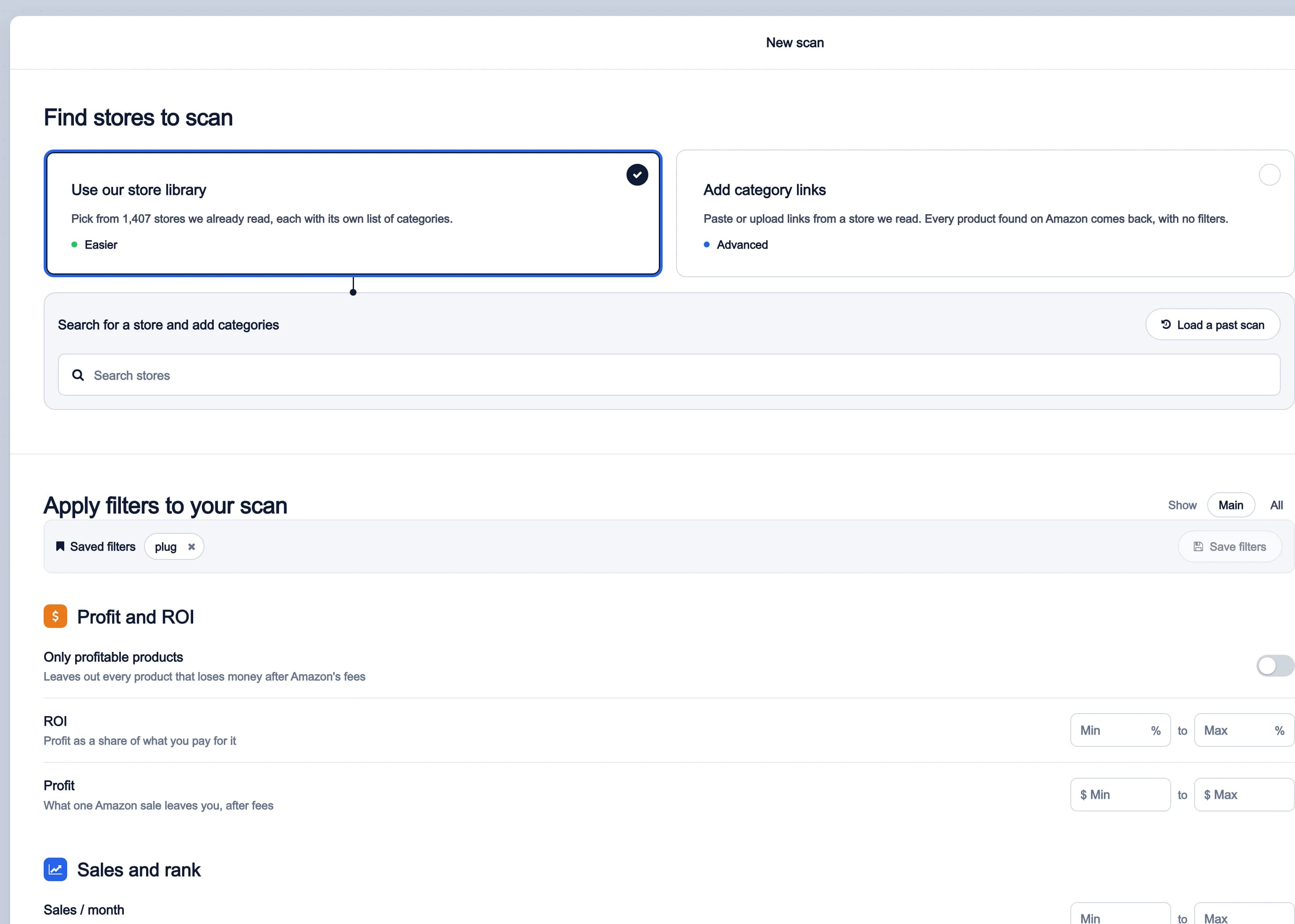 A new Live search scan: pick a store from the library or add category links, then the filters for profit and ROI, sales and rank, and Amazon, with the scan summary on the right