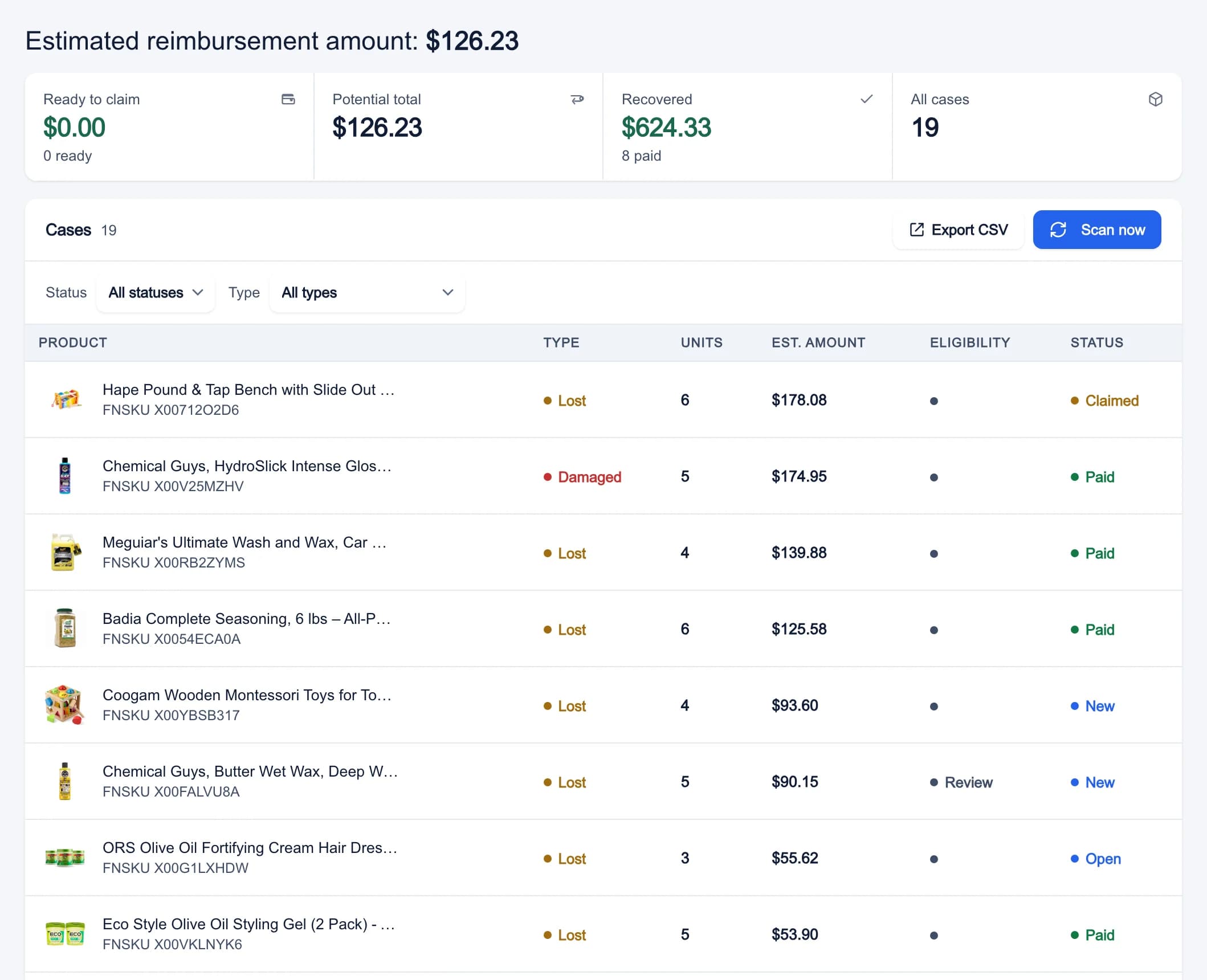 Money Back in My Business: the estimated reimbursement amount, the cases ready to claim, the potential total and what was recovered, then each case with its type, units, estimated amount and status