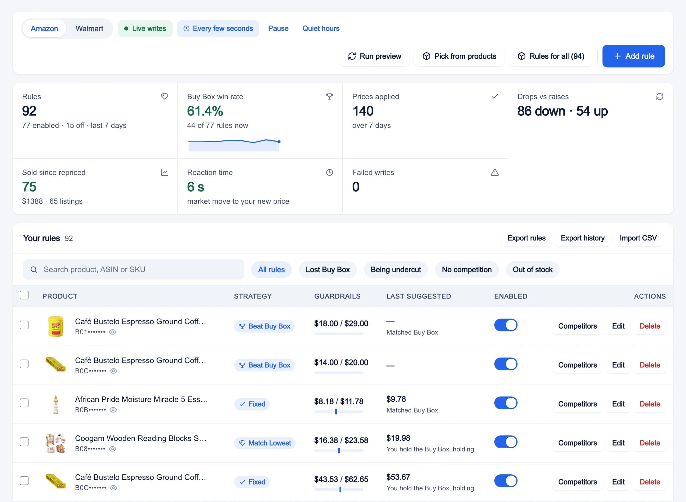 The repricer in My Business: rules, Buy Box win rate, prices applied, the reaction time, and each listing with its strategy, guardrails, last suggested price and an enabled switch