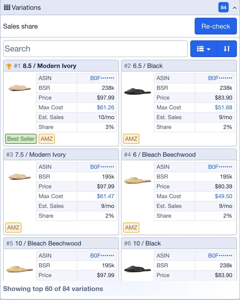 The Variations panel on a scan of a shoe with 84 variations: each size and color with its picture, ASIN, BSR, price, Max Cost, estimated sales and share of sales, the best seller first